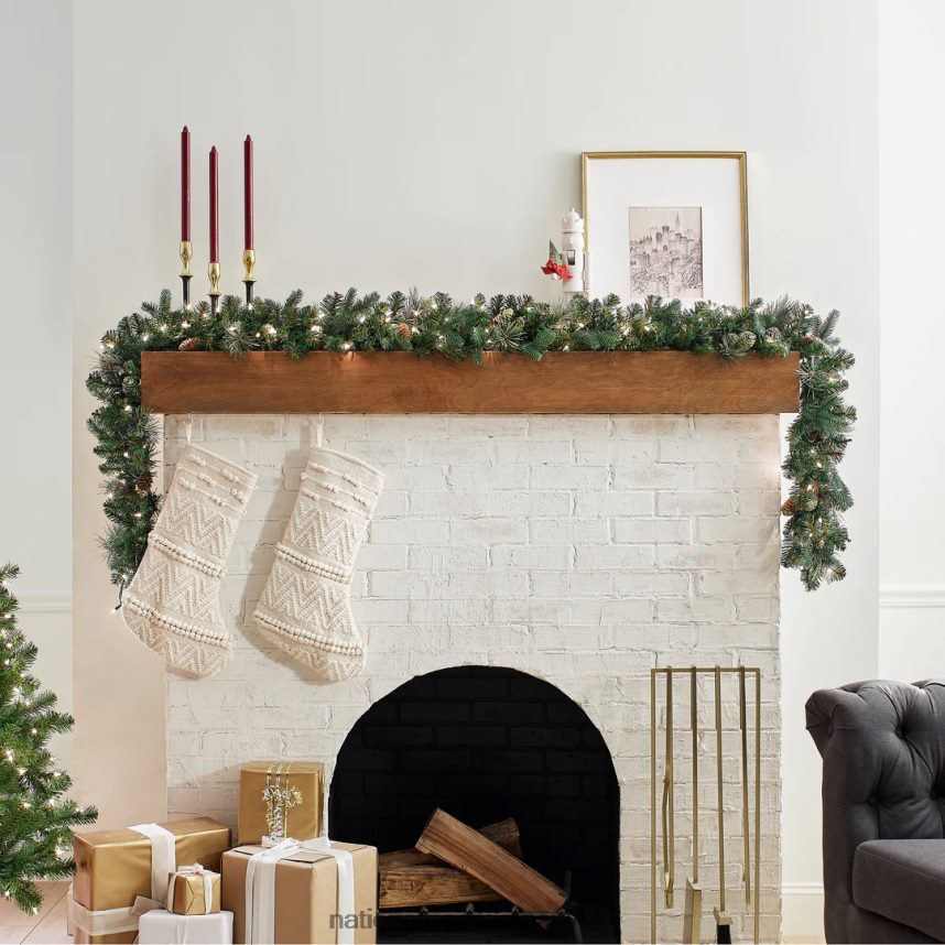 Greenery | National Tree Company Pre-Lit Artificial Christmas Garland Green Carolina Pine White Lights Decorated with Pine Cones Plug In Christmas Collection 9 Feet F2L4F326